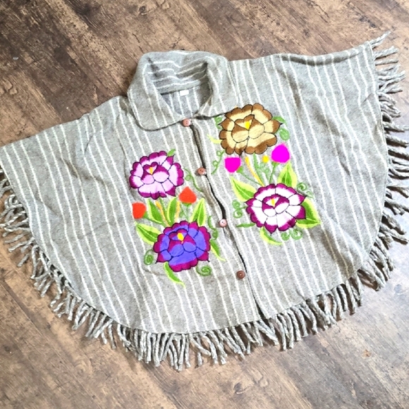 Jackets & Blazers - Unique Floral Embroidered Poncho Shawl with Fringe